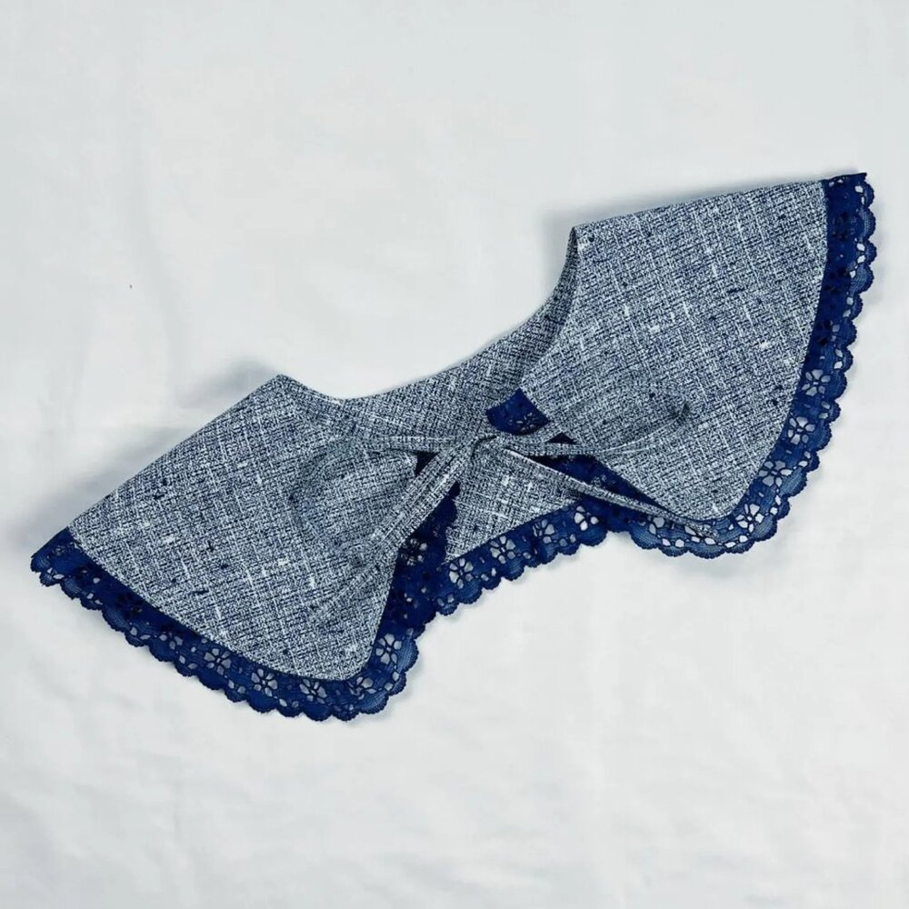 Dark Blue & White Print Detachable Collar with Lace Trim – Cottagecore Chic